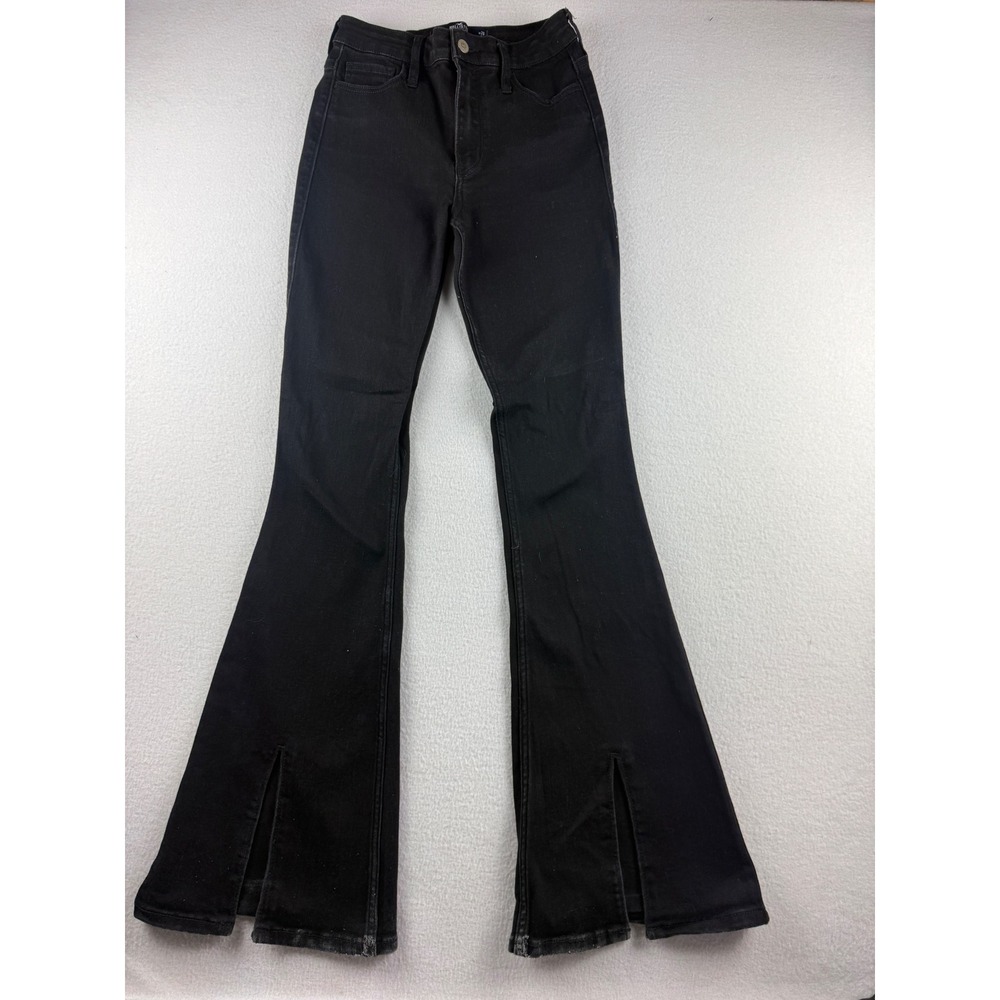 Hollister High Rise Flare Jeans Black Front Slit Soft Stretch W26‎ L33 3L